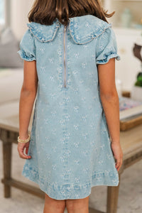 Girls: Charmed In Blue Denim Bow Embroidered Dress