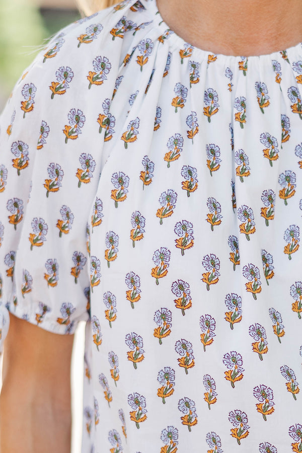 Bloom With Me White Floral Puff Sleeve Blouse