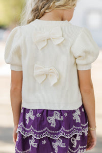 Girls: Bundle Of Bows Cream Bow Back Knit Top