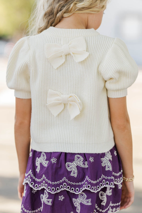 Girls: Bundle Of Bows Cream Bow Back Knit Top