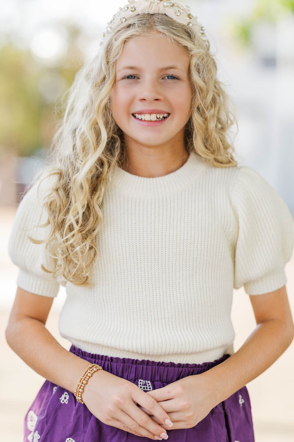 Girls: Bundle Of Bows Cream Bow Back Knit Top