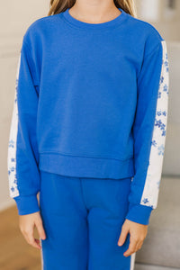 Girls: Playdate Petals Blue Floral Stripe Sweatshirt