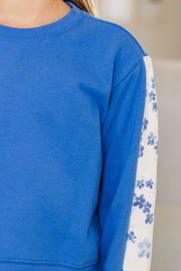 Girls: Playdate Petals Blue Floral Stripe Sweatshirt