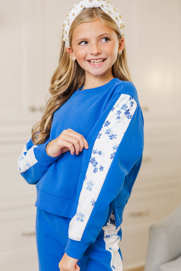 Girls: Playdate Petals Blue Floral Stripe Sweatshirt