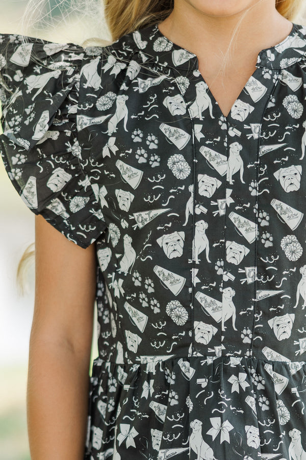 Girls: At This Time Black Bulldog Print Dress