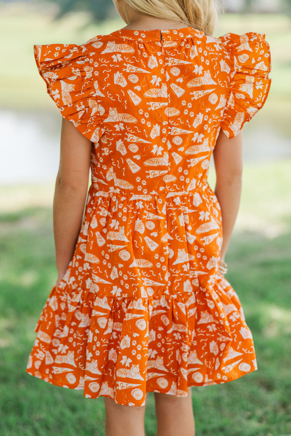 Girls: At This Time Orange Tiger Print Dress
