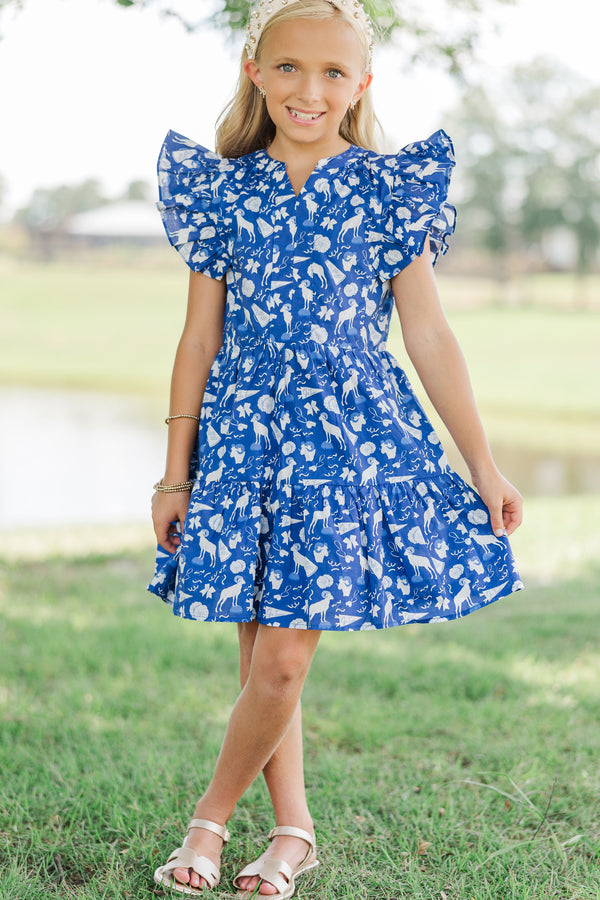 Girls: At This Time Navy Rams Print Dress