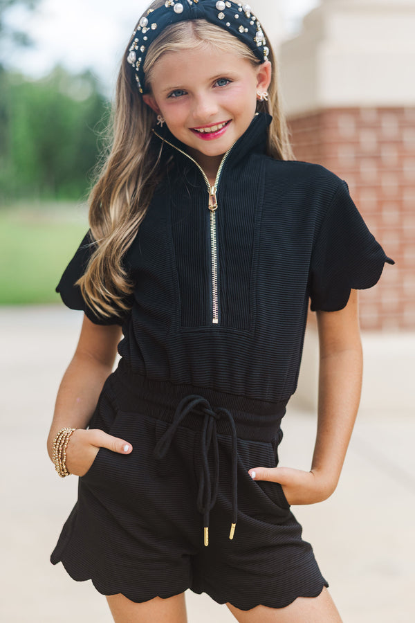 Girls: Off Duty Darling Black Scalloped Romper