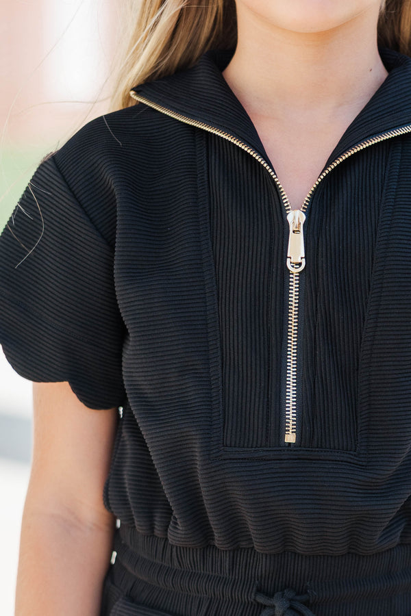 Girls: Off Duty Darling Black Scalloped Romper