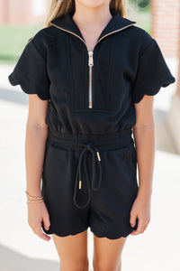 Girls: Off Duty Darling Black Scalloped Romper