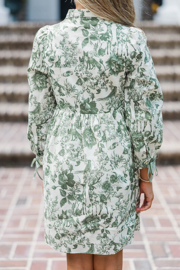 Girls: The Baileigh Olive Green Toile Print Dress