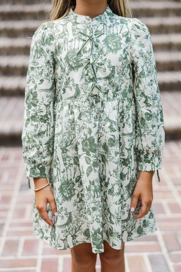 Girls: The Baileigh Olive Green Toile Print Dress