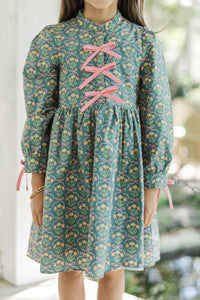 Girls: The Baileigh Sage Green Bow Print Dress