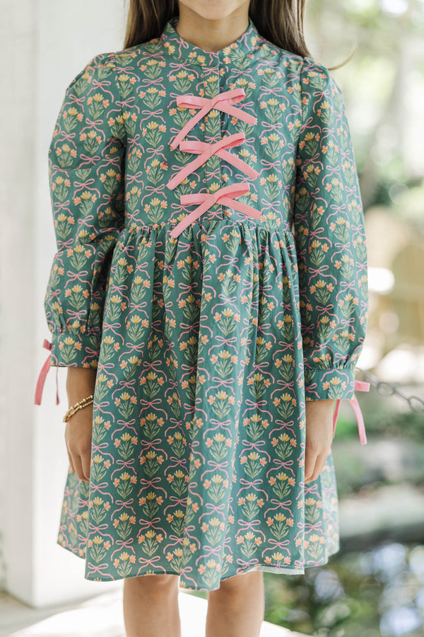 Girls: The Baileigh Sage Green Bow Print Dress