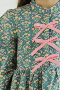 Girls: The Baileigh Sage Green Bow Print Dress