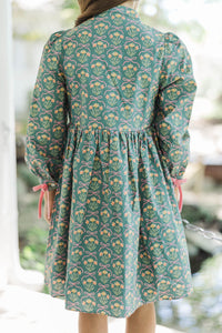 Girls: The Baileigh Sage Green Bow Print Dress