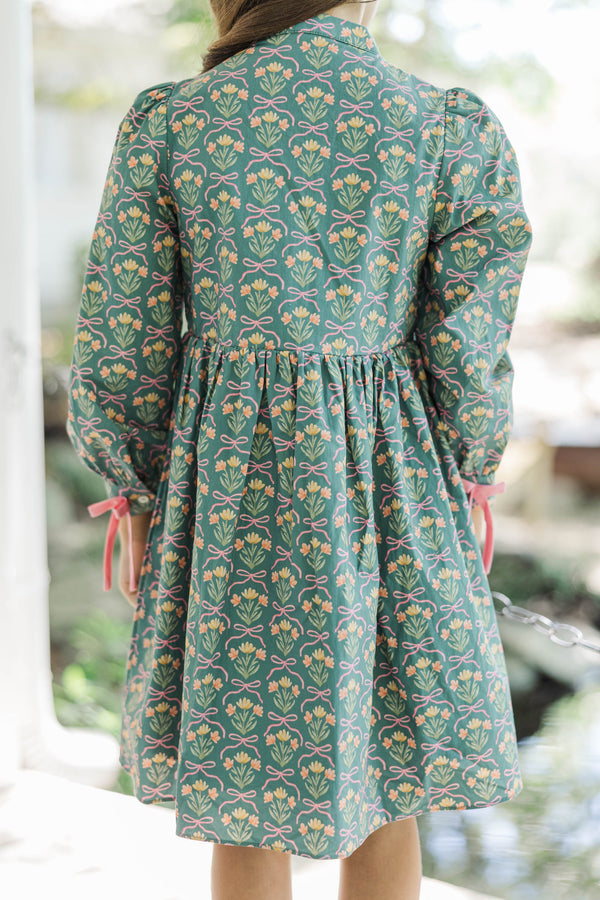 Girls: The Baileigh Sage Green Bow Print Dress