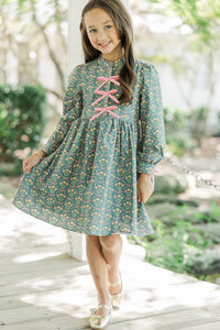 Girls: The Baileigh Sage Green Bow Print Dress