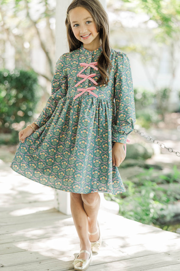 Girls: The Baileigh Sage Green Bow Print Dress