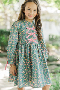 Girls: The Baileigh Sage Green Bow Print Dress