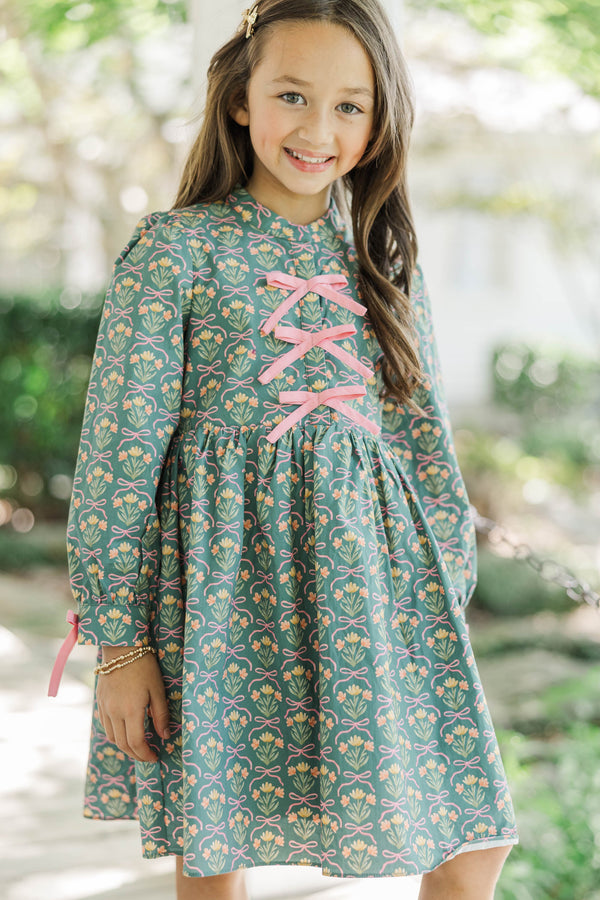 Girls: The Baileigh Sage Green Bow Print Dress