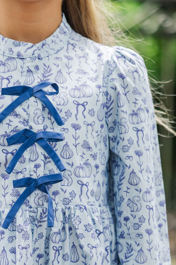 Girls: The Baileigh Denim Blue Harvest Toile Dress