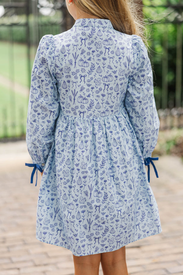 Girls: The Baileigh Denim Blue Harvest Toile Dress