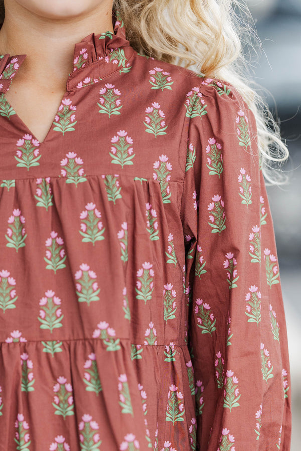 Girls: On Your Way Brown Medallion Print Babydoll Dress