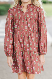 Girls: On Your Way Brown Medallion Print Babydoll Dress