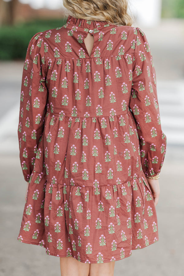 Girls: On Your Way Brown Medallion Print Babydoll Dress