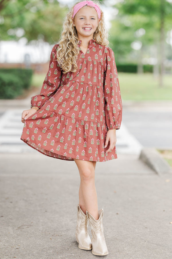 Girls: On Your Way Brown Medallion Print Babydoll Dress