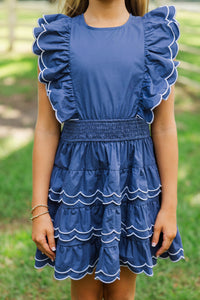 Girls: Wave Hello Navy Scalloped Dress