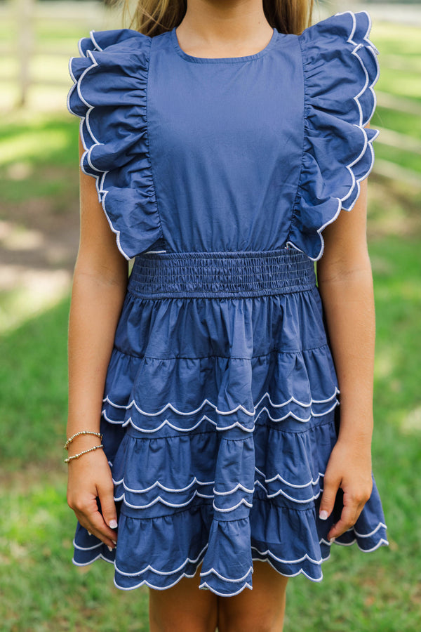 Girls: Wave Hello Navy Scalloped Dress