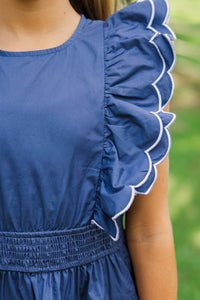 Girls: Wave Hello Navy Scalloped Dress