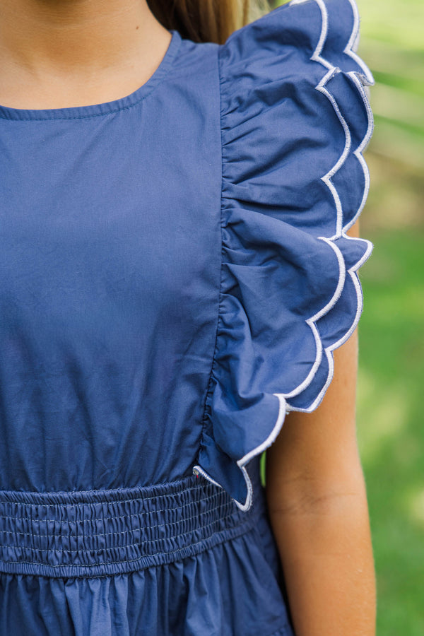 Girls: Wave Hello Navy Scalloped Dress