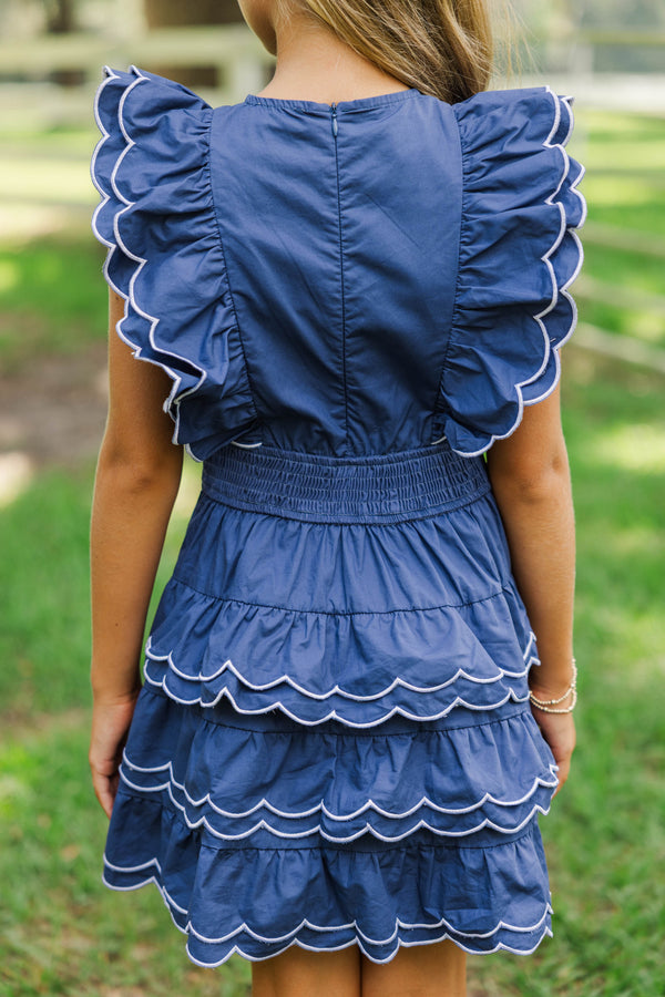 Girls: Wave Hello Navy Scalloped Dress
