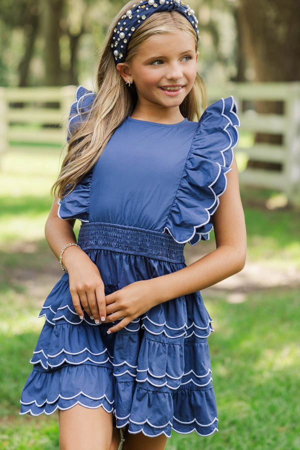 Girls: Wave Hello Navy Scalloped Dress