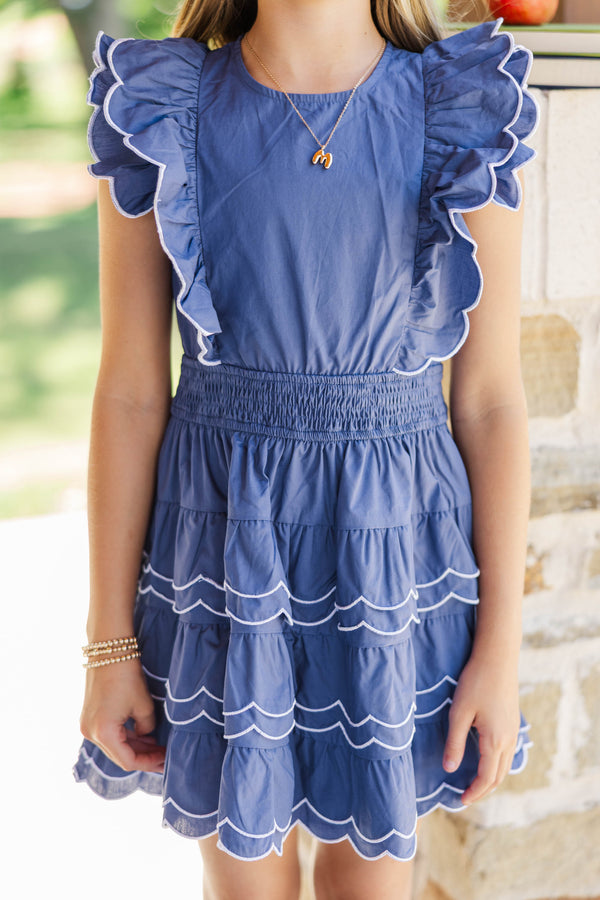Girls: Wave Hello Navy Scalloped Dress