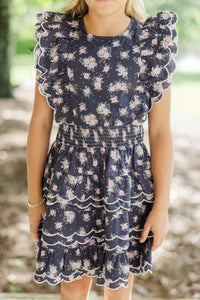 Girls: Wave Hello Navy Ditsy Floral Scalloped Dress