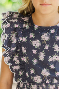 Girls: Wave Hello Navy Ditsy Floral Scalloped Dress