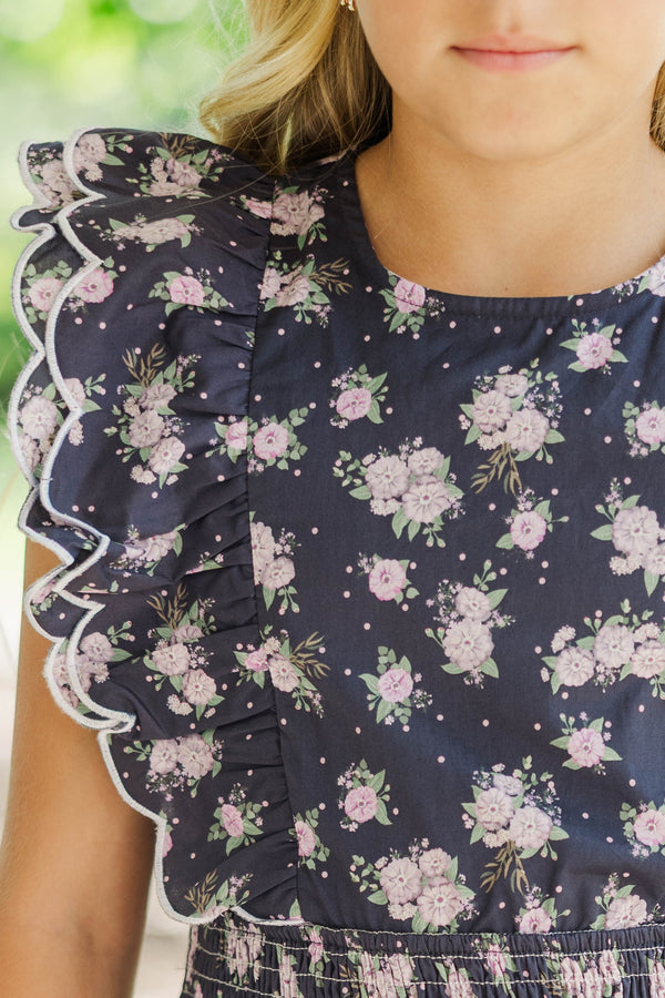 Girls: Wave Hello Navy Ditsy Floral Scalloped Dress