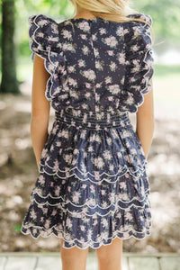 Girls: Wave Hello Navy Ditsy Floral Scalloped Dress