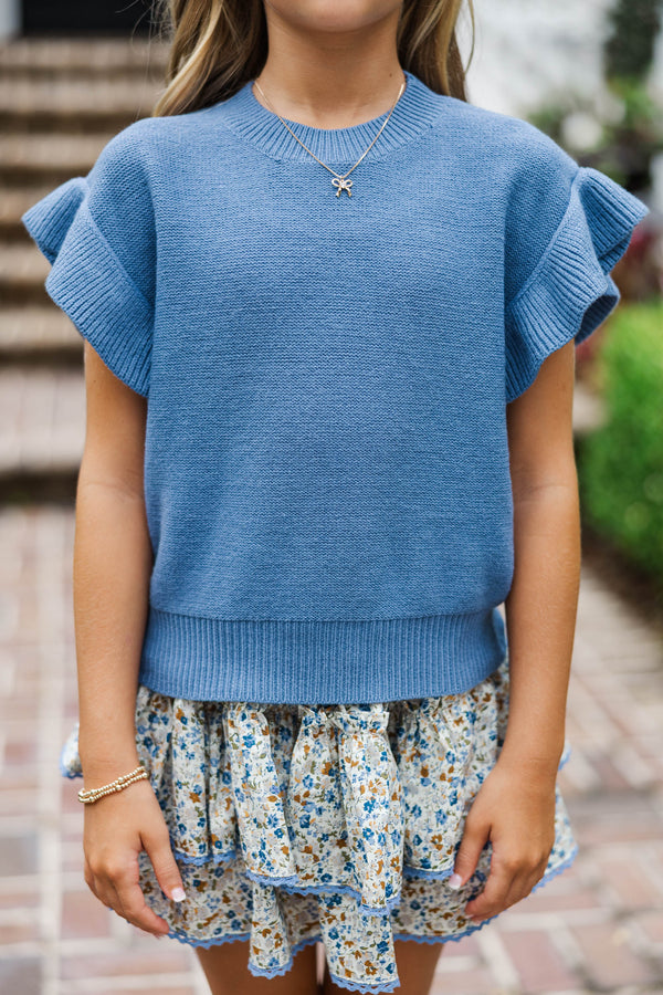 Girls: The Jessica Denim Blue Ruffle Knit Sweater