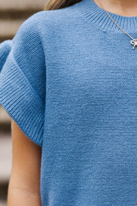 Girls: The Jessica Denim Blue Ruffle Knit Sweater