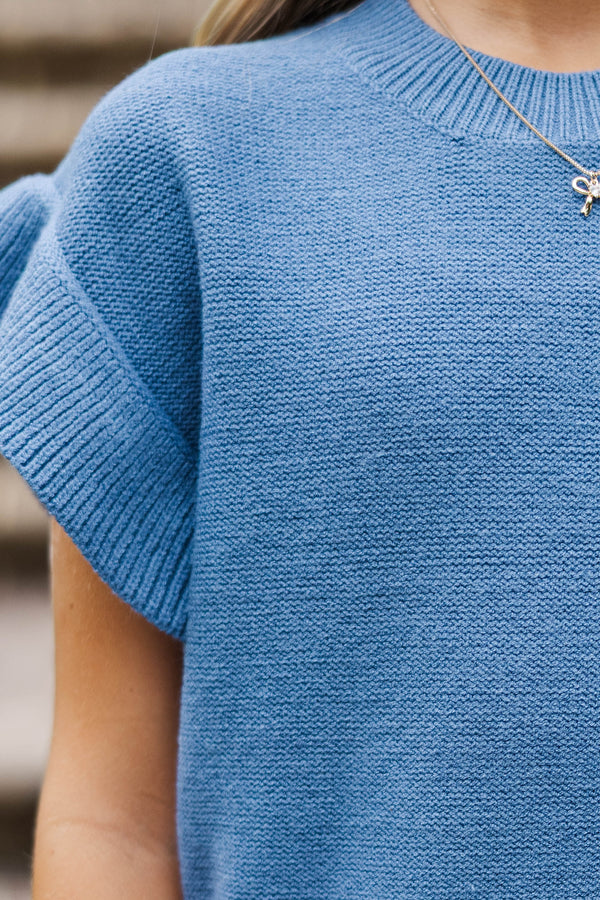 Girls: The Jessica Denim Blue Ruffle Knit Sweater