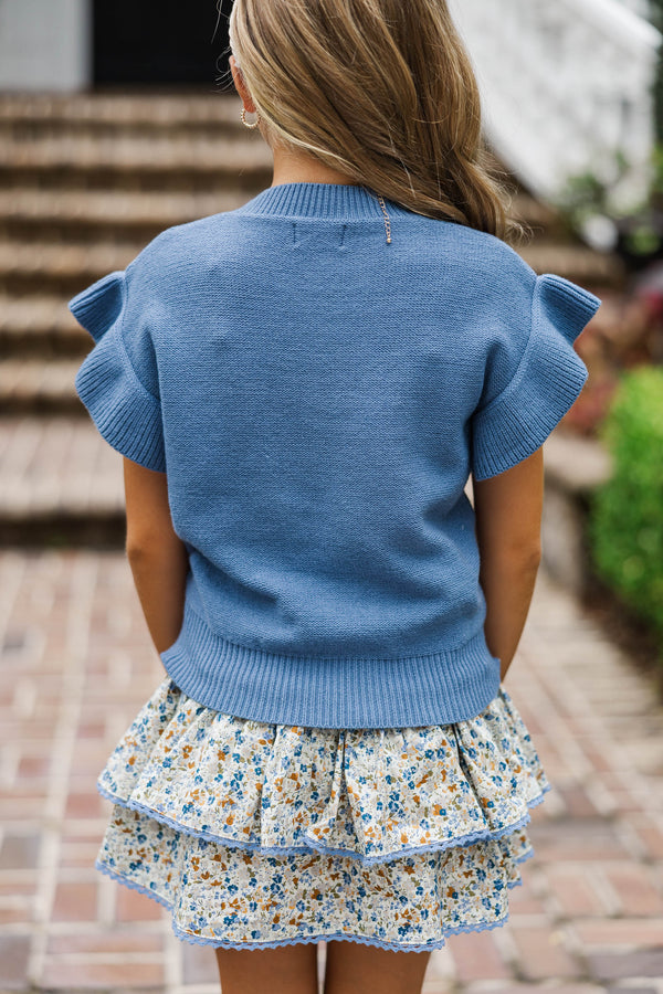 Girls: The Jessica Denim Blue Ruffle Knit Sweater