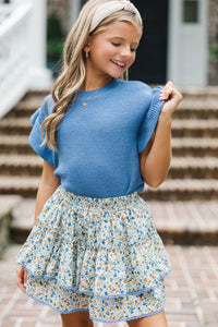 Girls: The Jessica Denim Blue Ruffle Knit Sweater