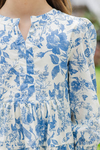 Girls: In Your Happy Place Blue Toile Print Dress