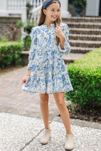 Girls: In Your Happy Place Blue Toile Print Dress