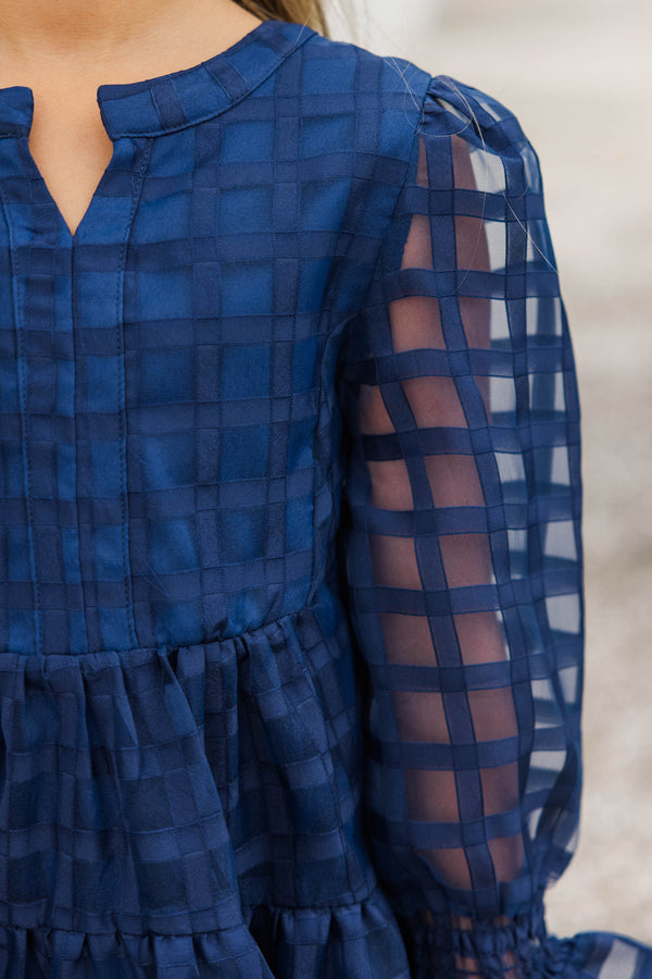 Girls: In Your Happy Place Navy Blue Textured Dress